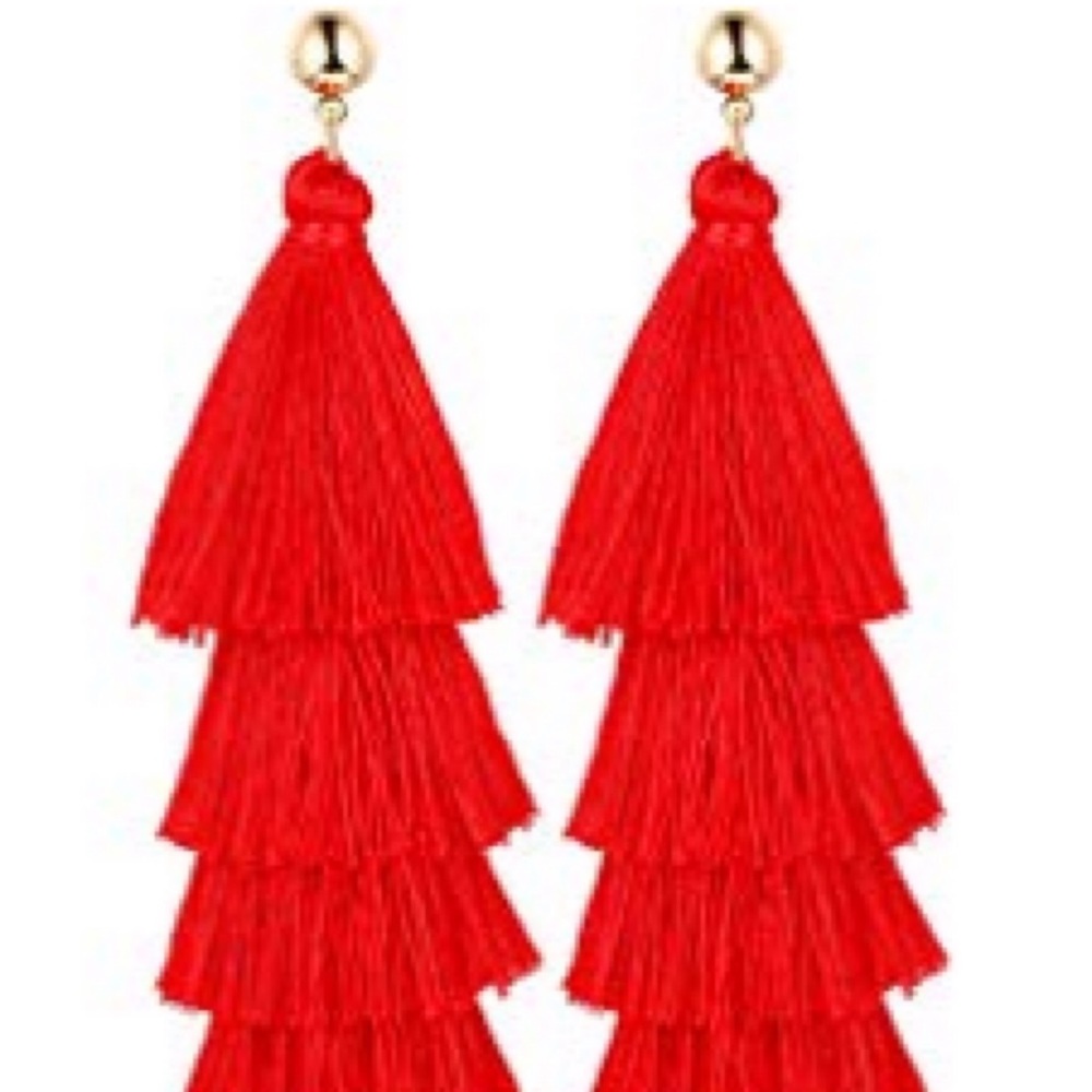 Red layered tassel earrings